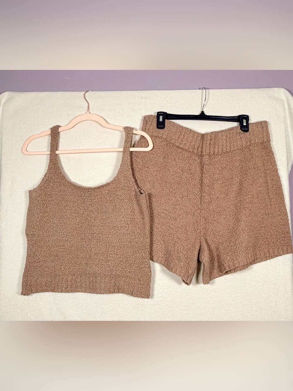 SKIMS Cozy Knit High Waisted Shorts & Tank Set in Camel